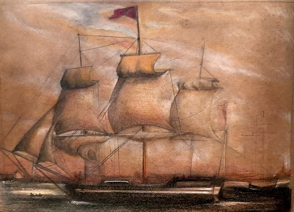 Study oil pencil on paper by JJ Soames PRINCESS CHARLOTTE a East India Company ship, Brocklebank co