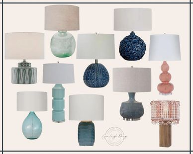 Table lamps in colors. Navy blue, sea glass, green, aqua, blush, wood with beads, urchin, painted.