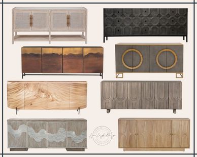Sideboards and credenzas in cane, rattan, carved wood, burnished metal and metal inlay.