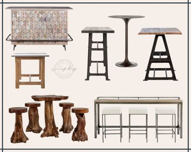 Carved wood bar, industrial bar tables, sofa table and stools, bar top, tree root table and stools.