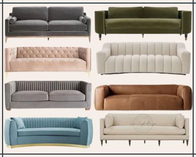 Low leather sofa. Upholstered sofas in gray, green, blush, blue and cream. One and two cushions. 