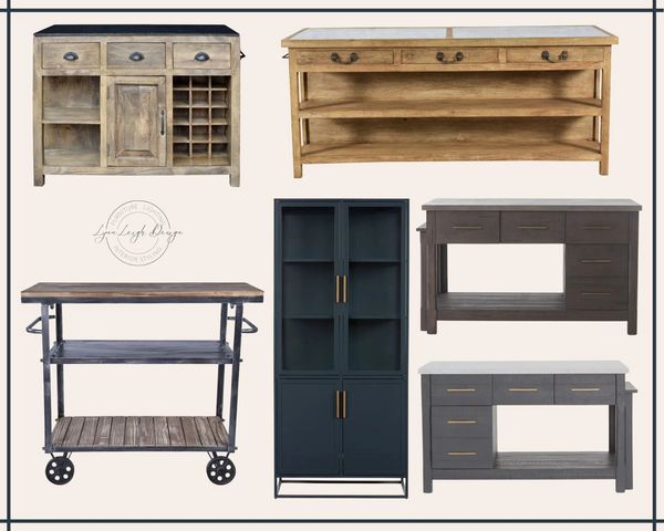 Kitchen islands, carts, glass front cabinets, wine storage, rustic wood.