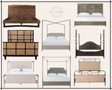 Metal canopy beds, live edge wood, spool, black with cane, stained gray wood, canvas and metal.