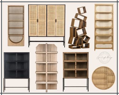 Storage for offices. Rattan cabinet with doors. Open shelving, glass front cabinets, wall shelf.