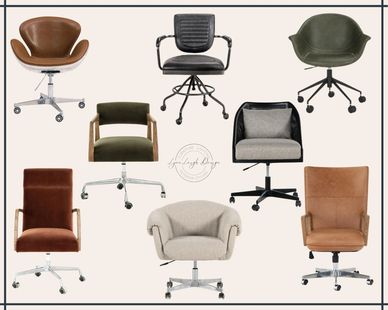 Variety of office chairs.  High back in leather and velvet. With and without arms. Modern, retro, tr