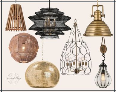 Pendants in wood, black metal mesh, brass, hammered, rattan, rope, wire cage, hand blown glass.
