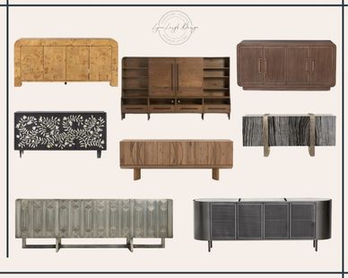 Media cabinets and sideboards. Metal, wood, marble and shell inlay, gray and natural stained.