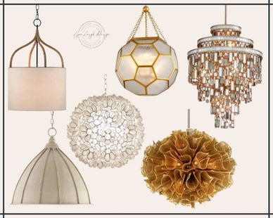 Pendant lights in capiz, glass, crystal, shell, gold mesh metal, hexagon brass, rattan, fabric. 