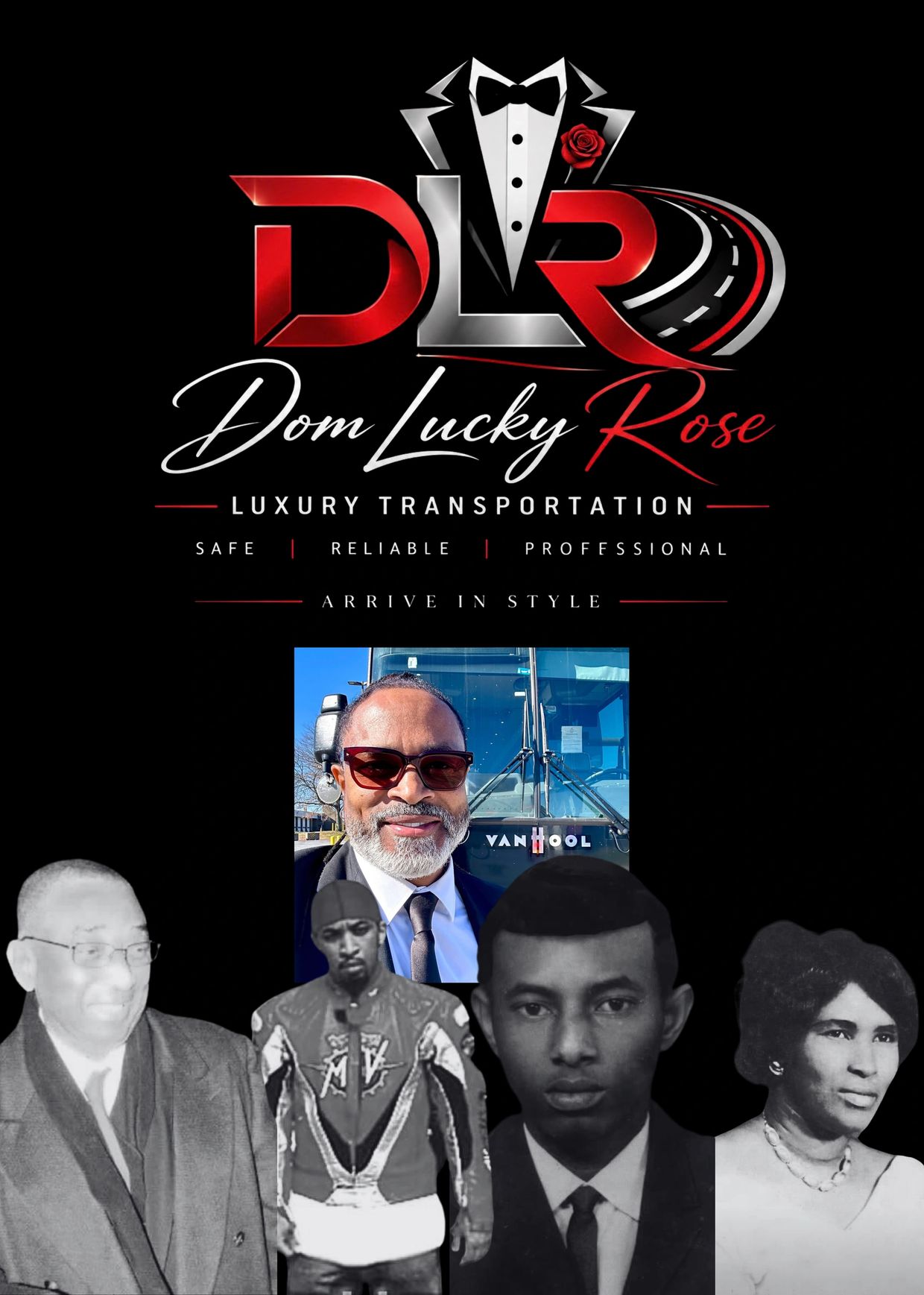 Dom Lucky Rose luxury transportation logo with a man's photo and four black-and-white portraits.