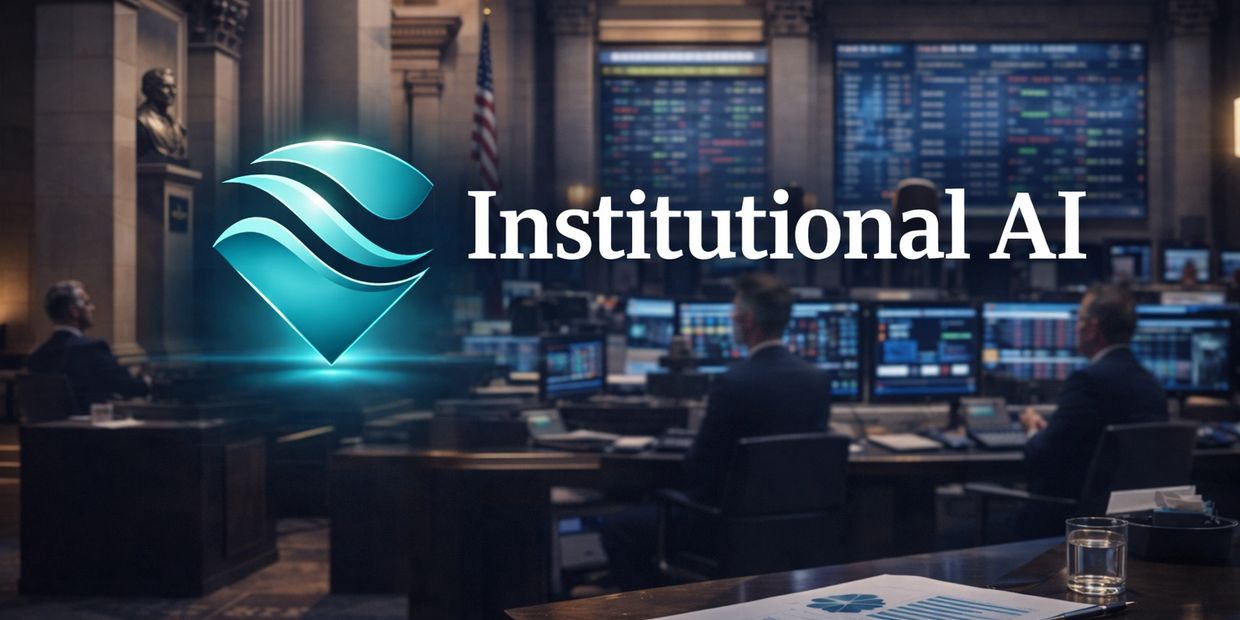 Corporate office with Institutional AI logo and financial data screens.
