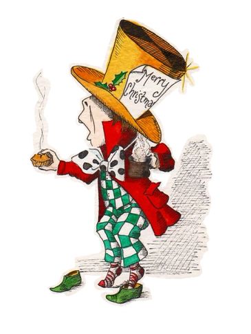 Mad Hatter holding a smoking pipe, wearing a "Merry Christmas" hat.