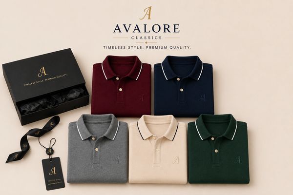 Five folded polo shirts in different colors with Avalore branding and packaging.