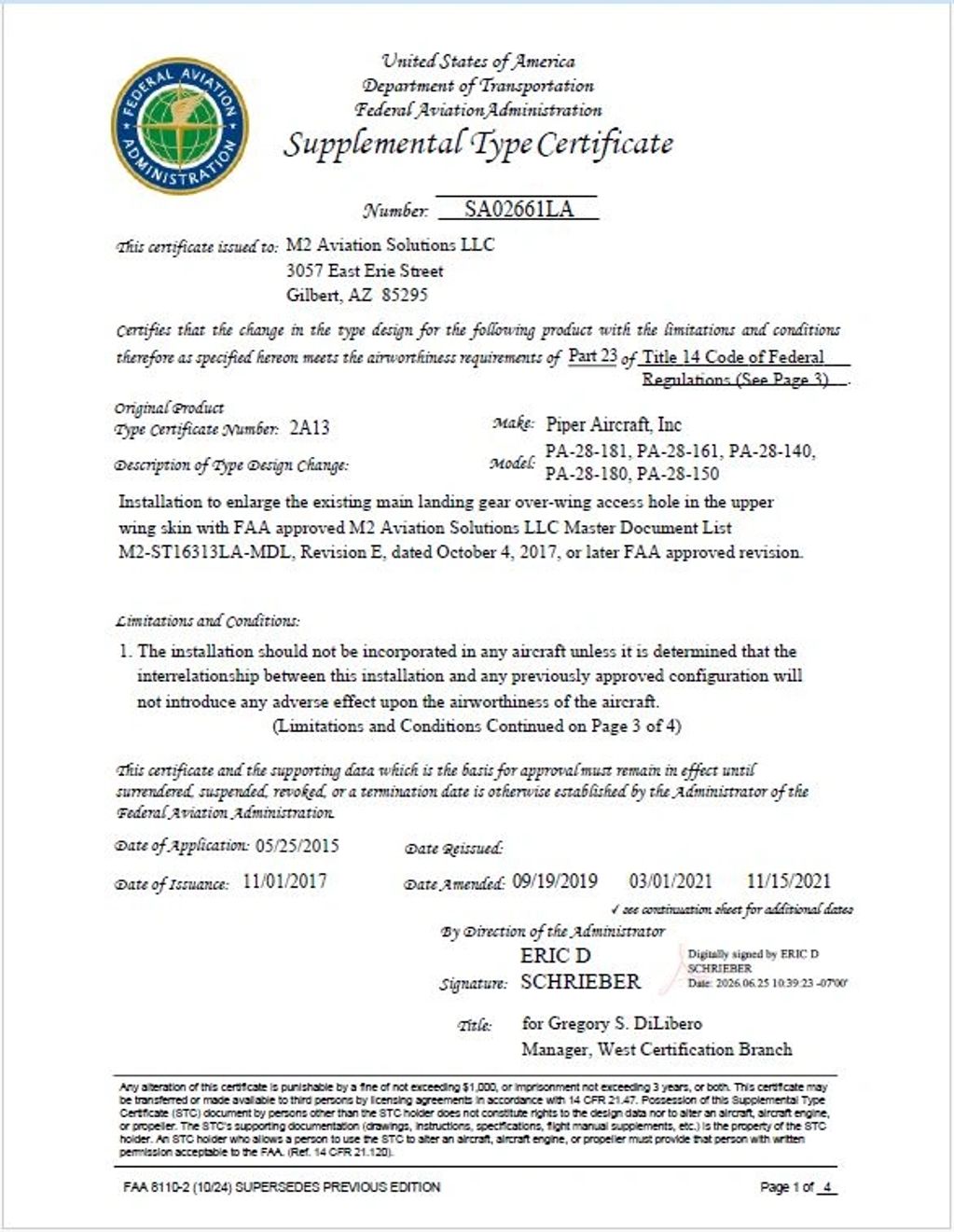 FAA Supplemental Type Certificate for aircraft landing gear modification by M2 Aviation Solutions.