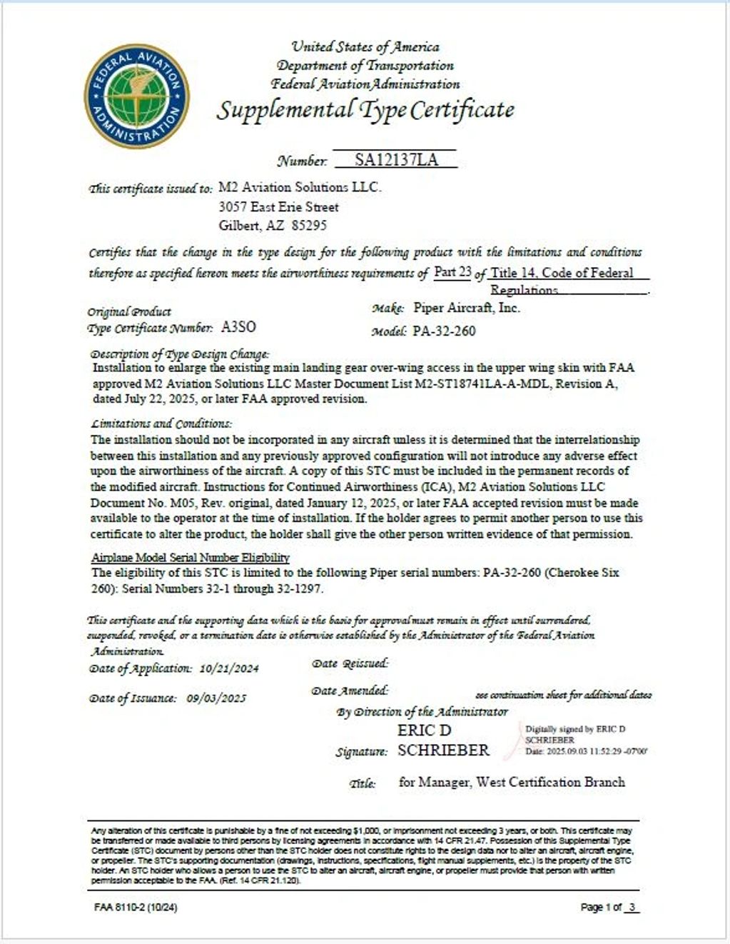 FAA Supplemental Type Certificate for Piper Aircraft PA-32-260 issued to M2 Aviation Solutions LLC.