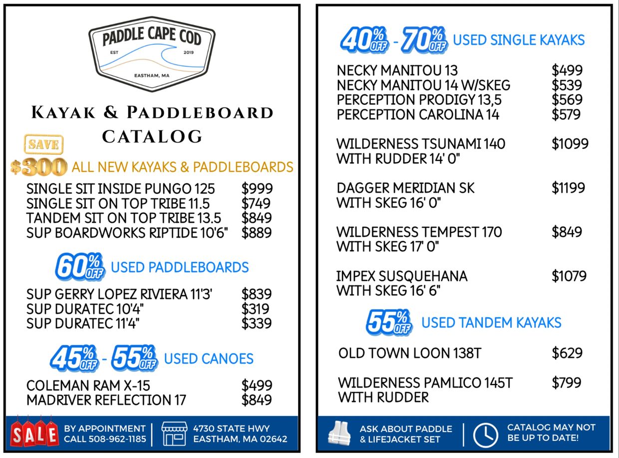 Catalog of kayaks and paddleboards with discounts and prices.