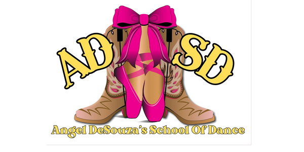Logo of Angel DeSouza's School of Dance featuring ballet shoes and cowboy boots.