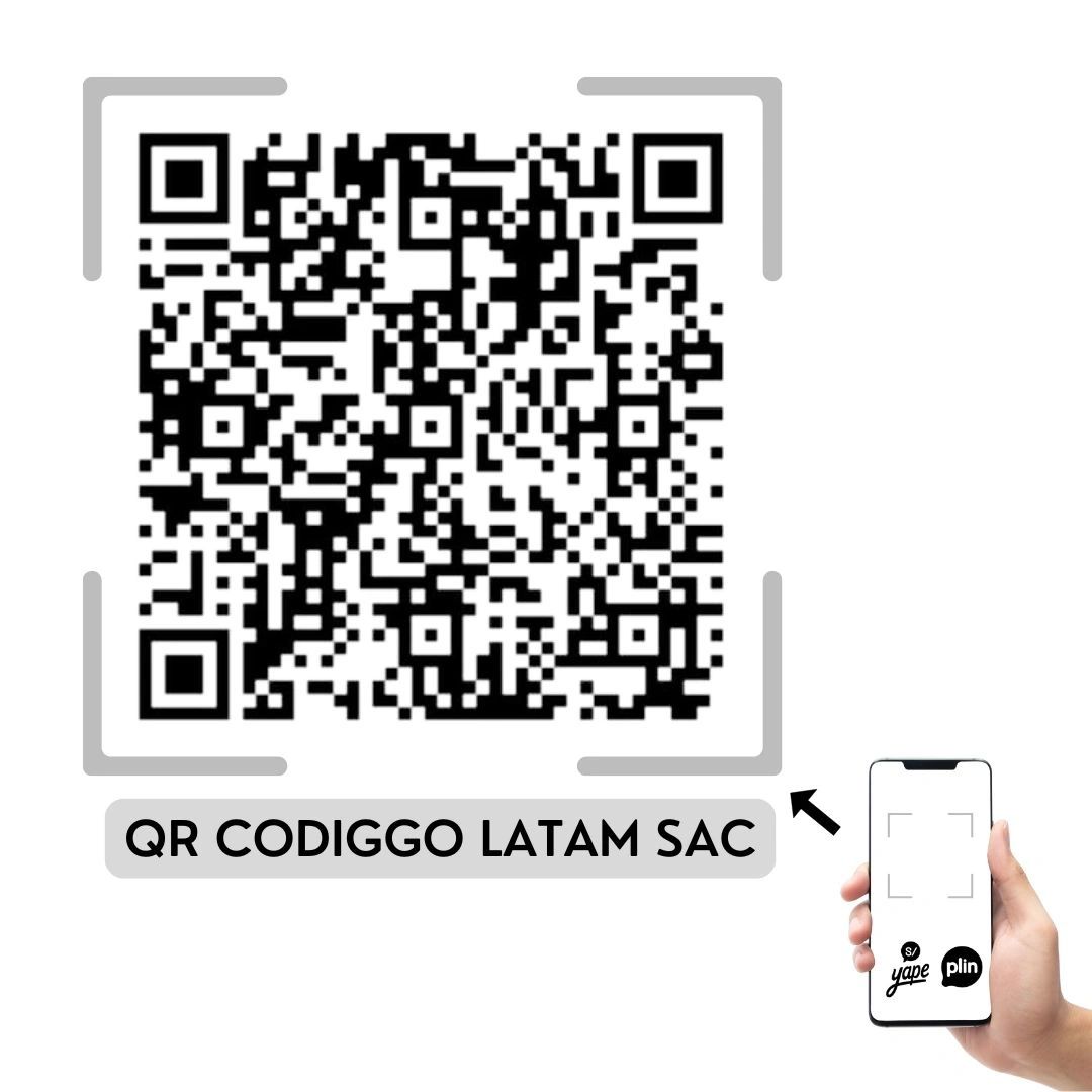 QR code labeled 'QR CODIGGO LATAM SAC' with a phone scanning it.