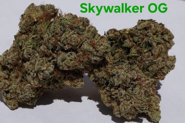 Two cannabis buds labeled Skywalker OG on a white background.
