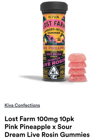 Container of Kiva Lost Farm Pink Pineapple cannabis gummies with four gummies beside it.