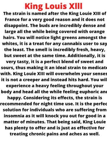 Description of King Louis XIII cannabis strain highlighting its effects and qualities.