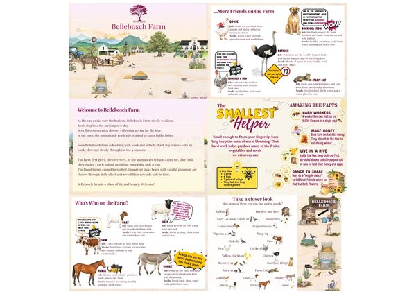 Illustrated informative poster about Bellebosch Farm and its animals.