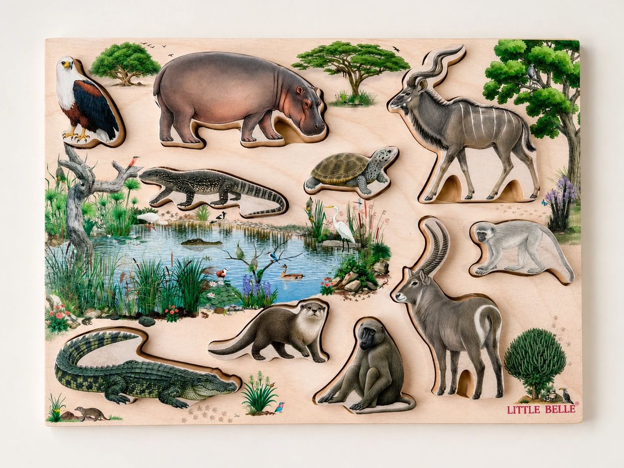Wooden animal puzzle with African wildlife illustrations.