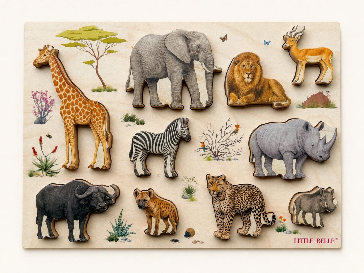Wooden African animal puzzle with eleven animals.