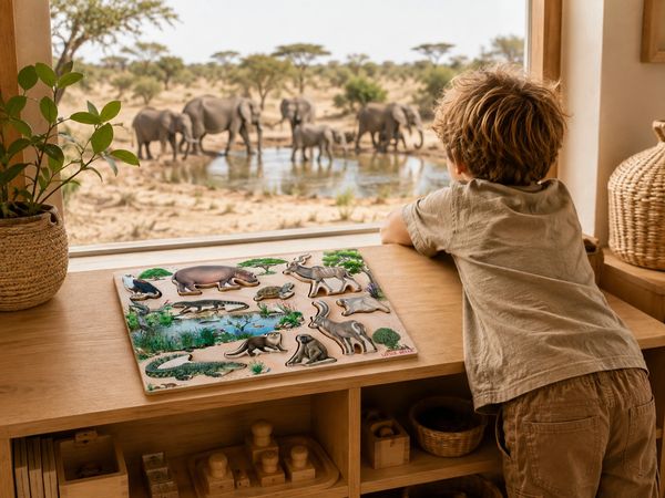 A child watches elephants outside while a jungle animal puzzle lies on the table.