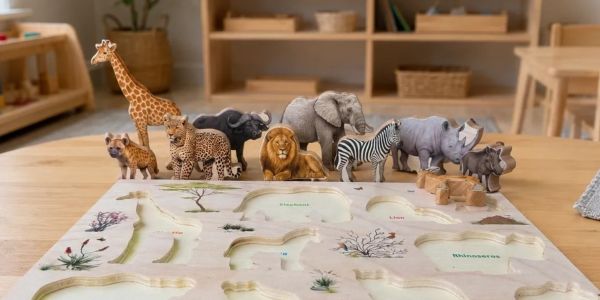 Wooden African animal puzzle with figurines on a table.