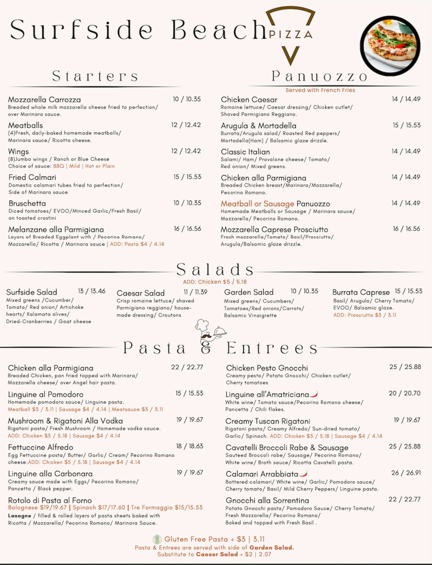 Surfside Beach Pizza menu featuring starters, panuzzo, salads, pasta, and entrees with prices.
