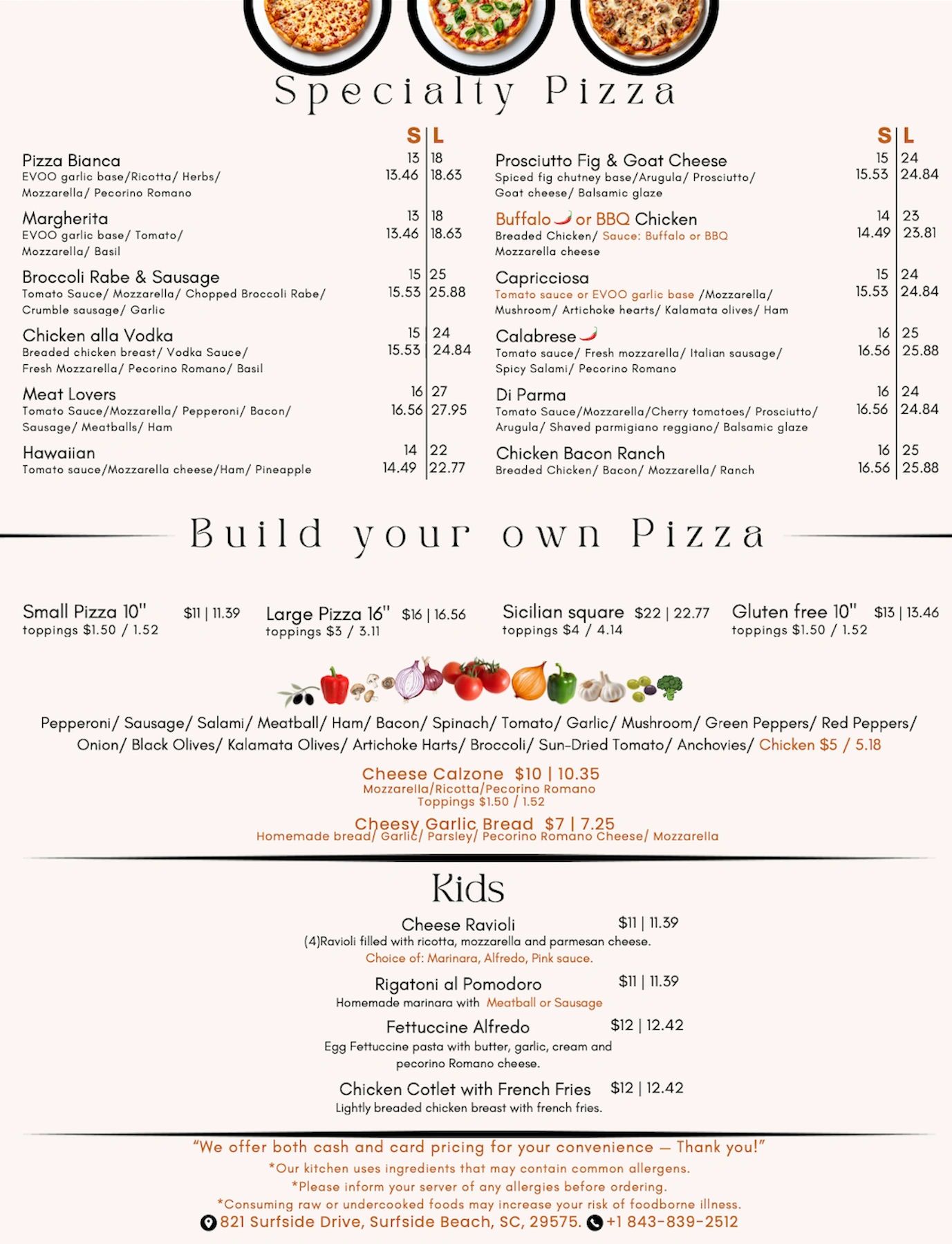 Specialty and build-your-own pizza menu with kids' pasta options and prices.