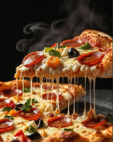 A hot slice of pizza with melting cheese and toppings.
