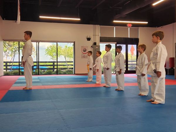 Children in martial arts uniforms lined up inside a dojo.