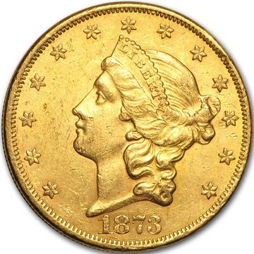 1873 $20 Double Eagle Liberty Head American Gold Coin AU58 Condition obverse 