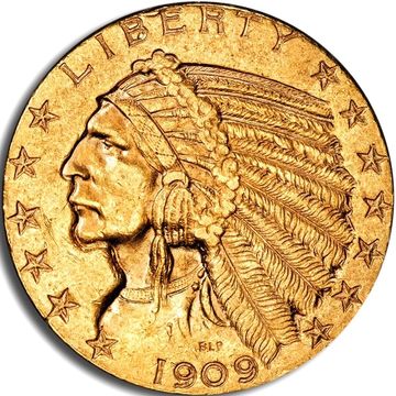 1909 $5 Indian Head Gold Coin minted in USA obverse side AU58 grade