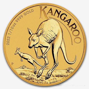 Gold coin featuring kangaroos and text.