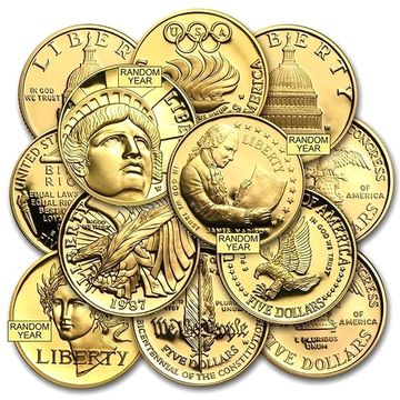 A pile of gold U.S. coins with random years.