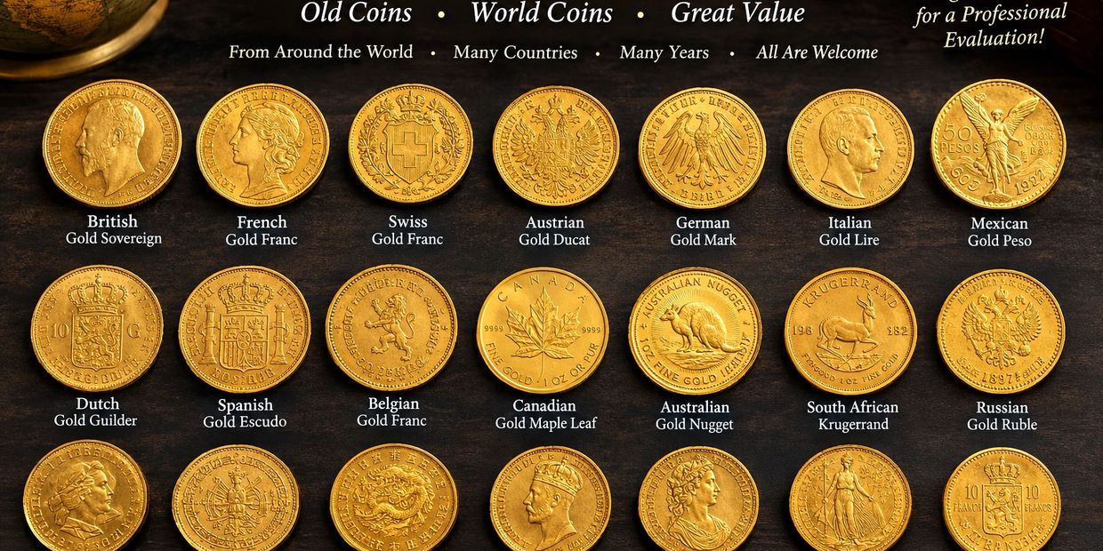 Many foreign gold coins together in 3 rows with the name of the countries under the pictures