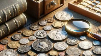 Magnifying glass and vintage coins on a table with old books.