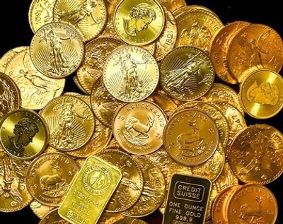 Group of Gold Bullion coins and 1 oz gold bullion bars