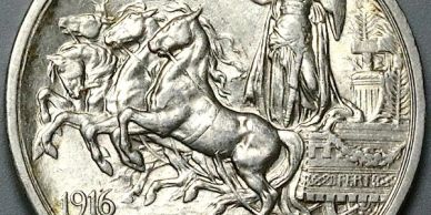 A detailed coin from 1916 featuring rearing horses and a standing figure.