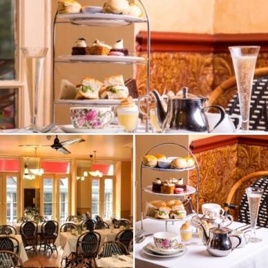 Elegant afternoon tea with tiered pastries and sandwiches in a classic dining setting.