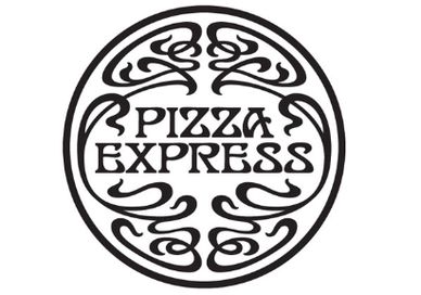 Black and white Pizza Express logo with decorative design.