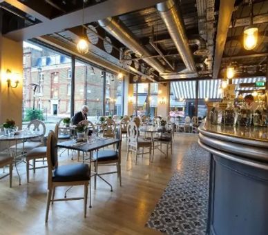 Elegant café interior with vintage chairs and large windows.