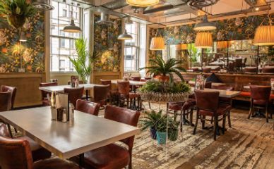 Cozy restaurant interior with vintage decor and lush plants.
