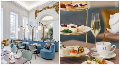 Elegant tea setup and stylish dining area in a bright, sophisticated cafe.