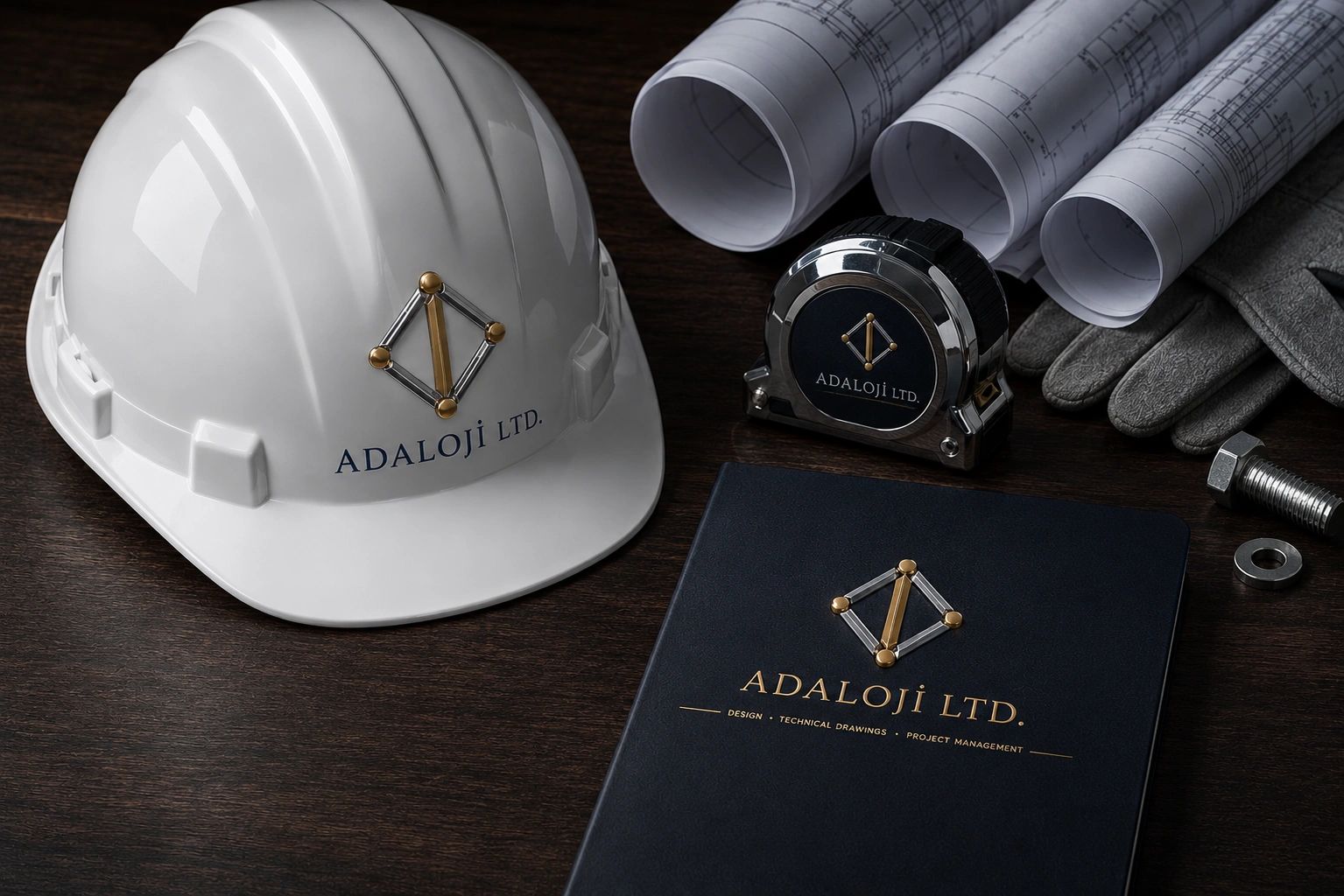 Construction tools and documents branded with Adaloji Ltd. logo on wooden surface.