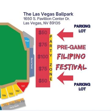 Map of Las Vegas Ballpark showing party zone and Filipino Festival area.