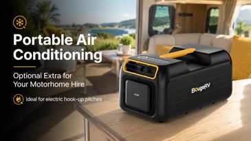 Portable air conditioner for motorhome hire with electric hook-up.