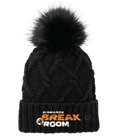 Black knit beanie with pom-pom and 'Bismarck Break Room' logo.